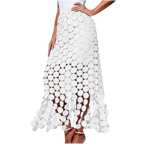 JOAU Womens Hollow Out Polka Dot Tassels Maxi Skirts Summer High Waisted Boho Fringe Hem Flowy Beach Long Skirt with Lined