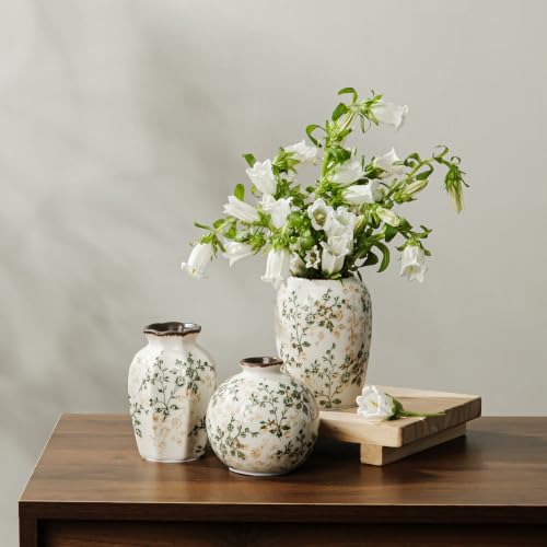 Image of Ceramic Flower Mini Vase for Decor | Vintage Small Green Rustic Vases, Farmhouse Room Decor Vase for Home, Coffee Table, Bookshelf, Centerpieces and Dinner Room, 3.8+4.6+4.7 inch Set of 3