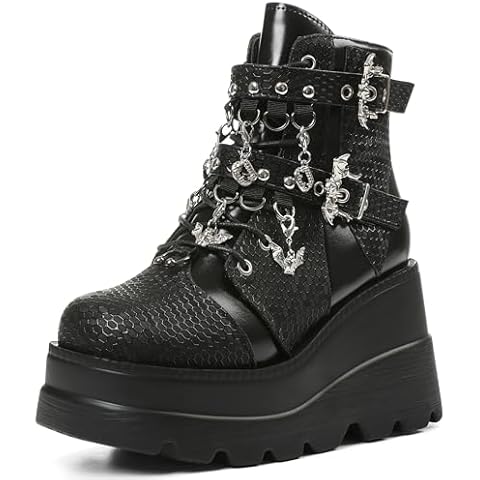 Tscoyuki Goth Platform Ankle Boots for Women - Bat Buckle Straps Rave Boots Zip Round Toe Combat Boots Womens Chunky Wedges High Heels Moto Booties Black Size 8 Cover