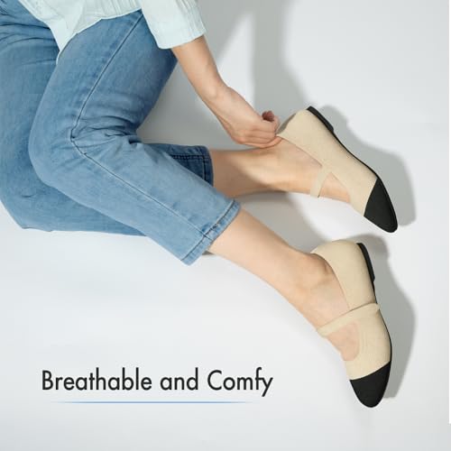 ATHMILE Mary Jane Shoes Women Round Toe Knit Ballet Flats Shoes for Women Comfortable Dressy Washable Adjustable Strap for Work Office Casual Nude Black2