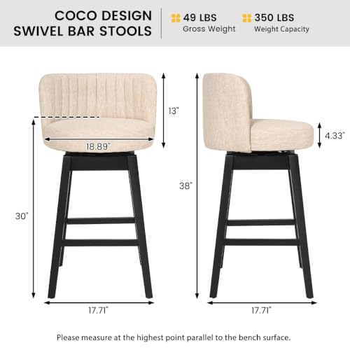 Image of COCO DESIGN 30 inch Cream Swivel Bar Height Stools Set of 2 with Wood Legs | Mid Century Modern Style, Smooth Swivel Design, Velvet Upholstered Seat, Sturdy Solid Wood Legs, Bar Height For Island