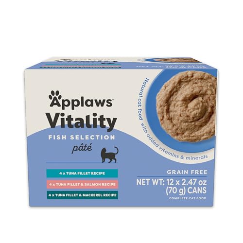 Applaws Vitality Wet Cat Food Paté, Natural Cat Food with Added Vitamins & Minerals, Grain-Free, Carrageenan Free, Fish Variety Selection (12 Count, 2.47 oz Cans)