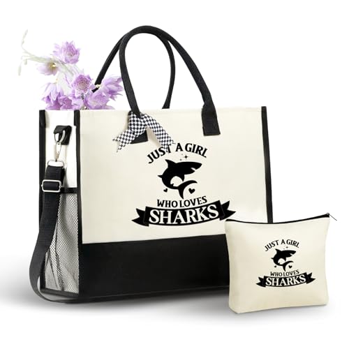 Image of InnoBeta Shark Lover Gifts Canvas Tote Bag, Shark Gift for Women,Girl, Just a Girl Who Loves Shark Bag with Top Zipper Closure and Shoulder Strap for Birthday, Christmas