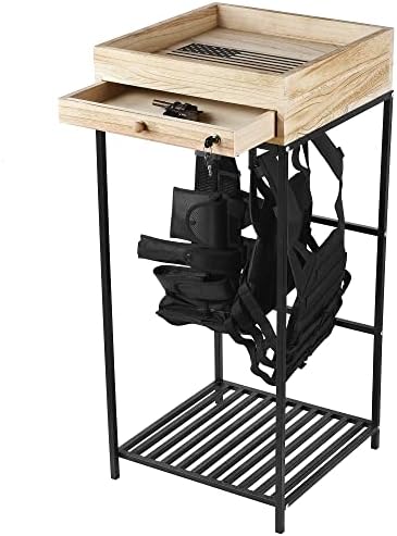 PINKBlUE American Flag Tactical Duty Gear Rack with Gun Storage Drawer – Police Storage Shelf with Firearm Storage & Law Enforcement Organizer-Veterans &Police Gift (Wood Color-with Drawer)