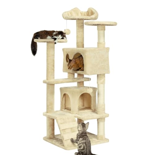 室内猫用キャットタワー、高さ54インチのマルチレベルペット家具、サイザル麻の爪とぎポスト付き子猫プレイハウス、大型アパート、クライミングラダー、子猫用ぬいぐるみ,B