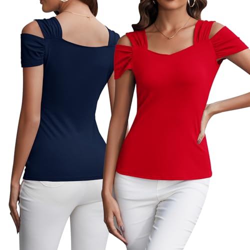 Image of Blingfit Cold Shoulder Tops Summer Tunic Shirts for Women T Shirts V Neck Short Sleeve Casual Tees Blouses 2026