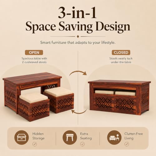 Image of Solid Sheesham Wooden Coffee Table with 2 Cushioned Stool|Teapoy Center Piece for Home Sofa Center Table for Living /Drawing Room,Hall|Space Saving Indoor Tea Table Set(Honey Finish) CNC