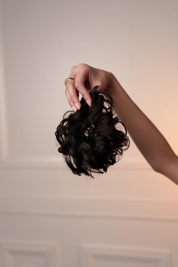 Image of Curl' O Hair Messy Bun Scrunchie | Elastic Hairpiece Extension for Voluminous Updos and Effortless Bun Styling | Lightweight Wavy Hair Updo Extension | Light Brown