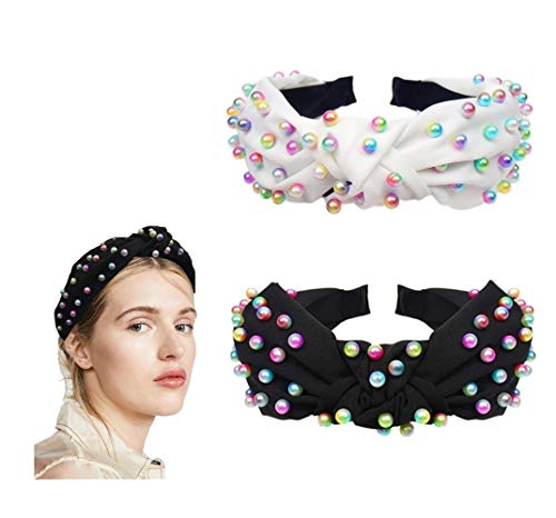 Pearl Headbands for Women Turban Knotted Headbands Beads 2 pcs for Women Wide Headbands for Women Knot Headband
