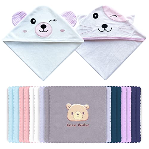 Image of Ease Cubs 18-Piece Baby Hooded Bath Towel Rayon Derived from Bamboo and Microfiber Washcloth Sets for Infant, Toddler - Bear, Cat