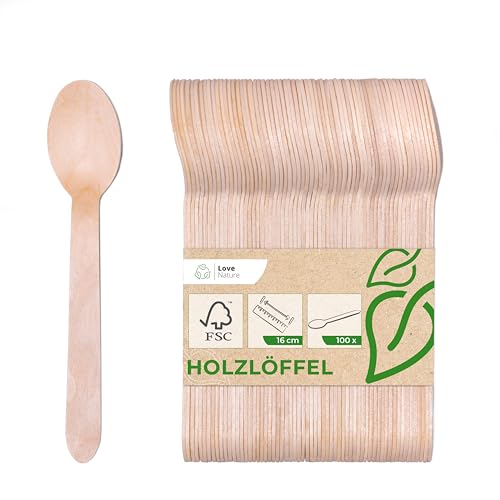 Love Nature Einwegbesteck Holzlöffel 100 Stück - Einweglöffel aus Birkenholz - Einweg Besteck Holz Löffel - Party Besteck Einweg Umweltfreundlich
