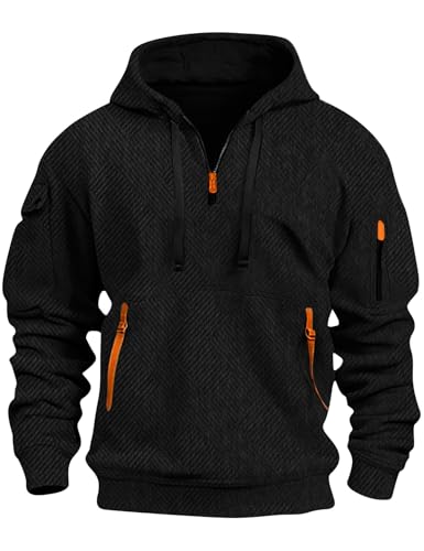 Kissonic Hoodies for Men Quarter Zip Pullover Vintage Workout Hoodie Casual Military Tactical Sweatshirt with Pockets(Black-L)