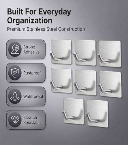 Image of Enclave Heavy Duty Adhesive Hooks, Stick on Wall Adhesive Hangers, Strong Stainless Steel Holder, Self Adhesive Hooks for Kitchen Bathroom Home Door Towel Coat Key Robe. (Cube Silver, Pack of 4)