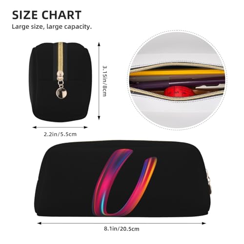 Image of Cute Initial Pencil Case for Kids Simple Leather Pencil Pouch for Boys Girls Letter Design Pencil Box Pen Bag Pencil Pouch Office Stationery Organizer, Rainbow Letter U