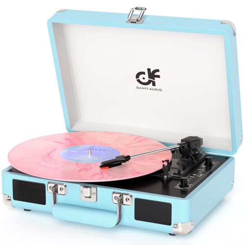 Vinyl Record Player with Built-in 2 Speakers Vintage 3-Speed Portable Bluetooth Suitcase Turntable with USB Recording MP3 Converter RCA/AUX/Headphone Jack Retro Blue