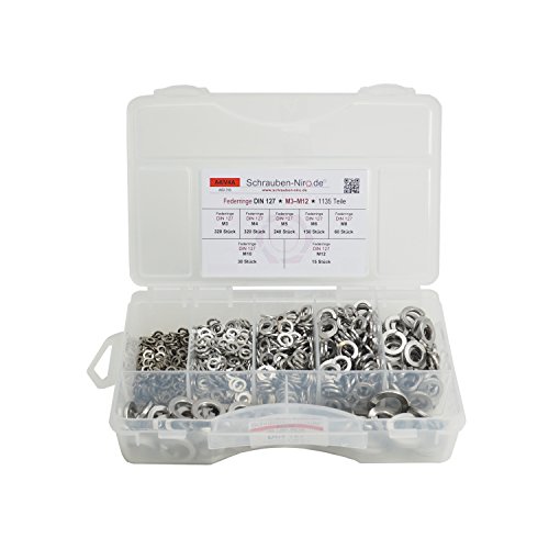 Sortiment DIN 127 Federringe M3 - M12, Unterlegscheiben aus Edelstahl A4 V4A VA 1135 Teile