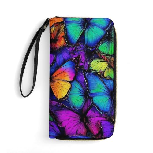 Ladies Pu Leather Wallets, Colorful Butterflies Butterfly Art Credit Card Holder Long Purse with Zipper Waterproof Large Capacity Card Organizer