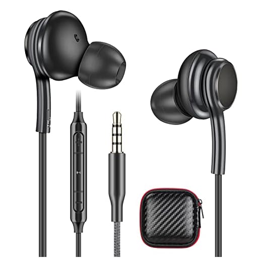 HoneyAKE 3.5mm Jack Wired Headphones for Samsung Galaxy S10 S10e Plus S8 Plus Wired Earphones Earbuds Stereo in-Ear Noise Canceling Headset Earphone with Microphone for Samsung Note 8, Black