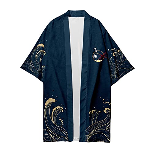 Image of HAORUN Men Japanese Kimono Coat Loose Yukata Outwear Long Bathrobe Tops Vintage