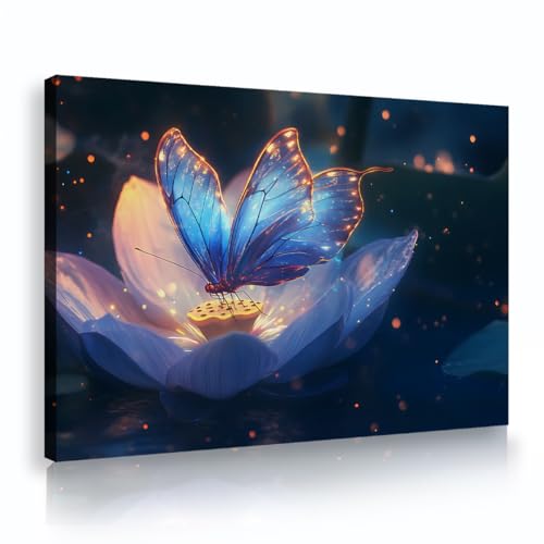 TOANGWALL Arte mural de mariposa azul pétalo de flor decoración de la naturaleza estampado de lienzo cartel artístico y colorido mural enmarcado estirado para decorar el balcón 80x120cm