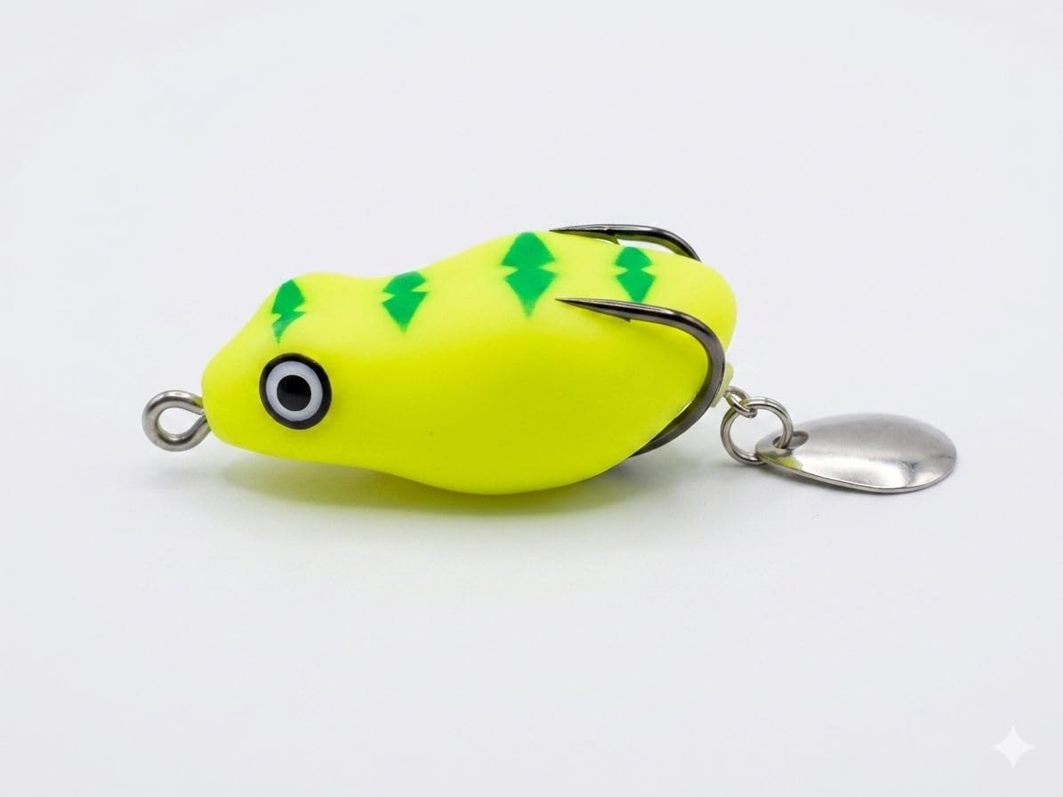 Fishing Frog Lure with Double Hooks & Spinner Blade | Topwater Weedless Artificial Frog Bait for Bass, Murrel, Snakehead | High Visibility Yellow Fishing Lure-image-19