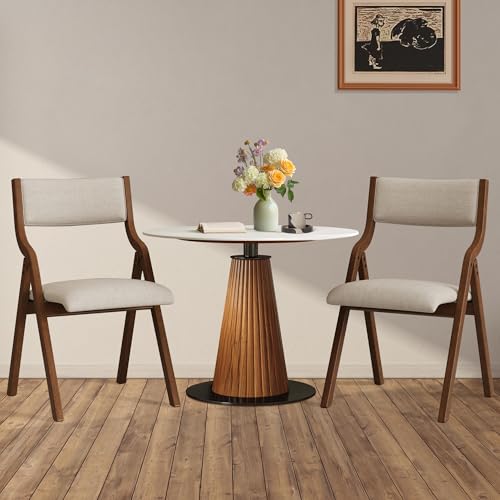 FAVSH Folding Upholstered Dining Chairs 2-Piece Set Cream Taupe + Walnut