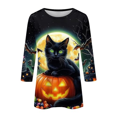 Cute Funny Halloween Shirts for Women Plus Size 3/4 Length Long Sleeve Womens Tops Witch Gothic Renaissance Shirt