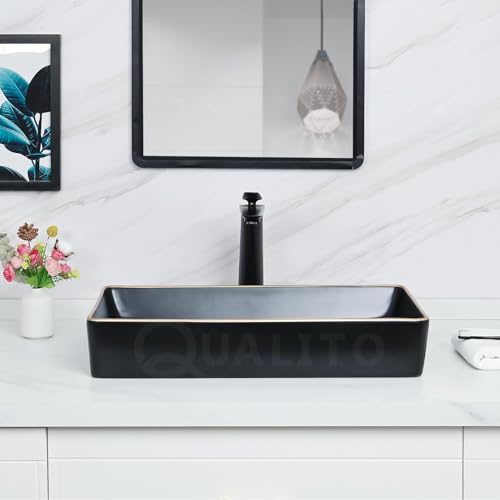 Image of QUALITO Black Golden Table Top Wash Basin for Bathroom, Living Room, Hall, Dinning Room | Big Size Ceramic Vessel Sink /Basin | Matt Finish Black Vanity Basin (24x14x5 Inch)