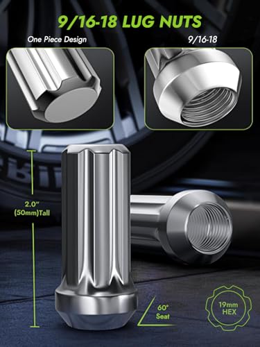 Image of AUTOPTIM 9 /16-18 Spline Lug Nuts - 32 Pcs Chrome with Socket for Dodge Ram | Replacement for 2002-2010 Dodge Ram 1500, 1994-2011 Ram 2500 /3500 Aftermarket Closed End Nuts, 3 /4 inch(19mm) Hex, 2 inch(50mm) Tall
