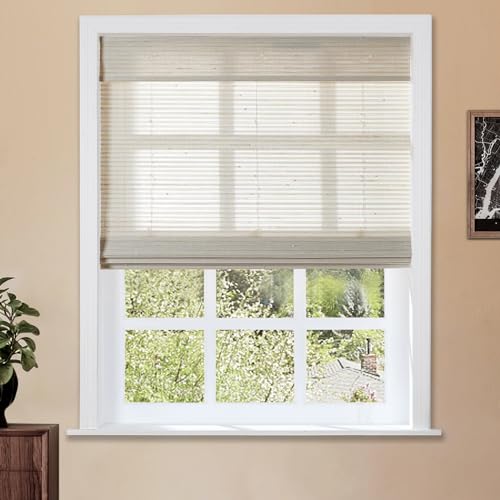 Image of TWOPAGES Natural Cordless Ramie Bamboo Shade for Kitchen Windows No Drill Custom Made Roman Blind Light Filtering Blackout Roman Window Shade, Marble White, 1 Piece