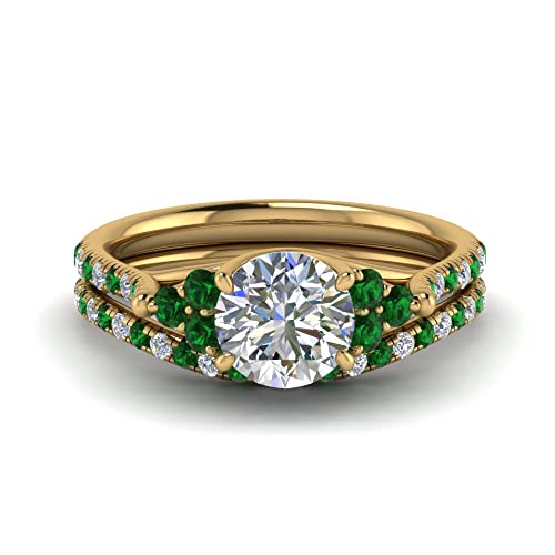Image of Choose Your Gemstone Round Cut Petite Cathedral Wedding Ring Set Yellow Gold Plated Round Shape Wedding Ring Sets Matching Jewelry Wedding Jewelry Easy to Wear Gifts US Size 4 to 12