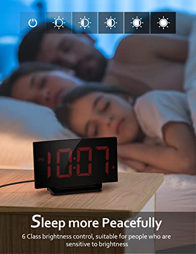 Digital Alarm Clock For Bedroom, Digital Clock With Modern Curved Design, Conspicuous Red Led Numbers, 5 Levels Brightness+Off, 2 Volume, 3 Alarm Tones, Snooze, Power-Off Memory, 12/24H, Bedside Clock #TOP2