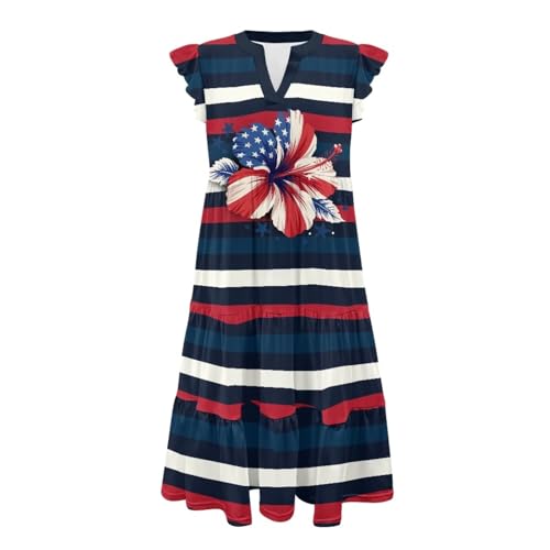 Image of Womens Summer Dress Ruffle Sleeve V Neck Dress Casual Fit Flowy Beach Vacation Sundress with Pocket S-2XL