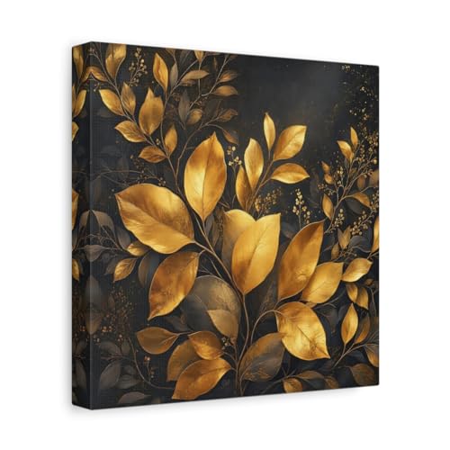 Tableau feuilles d'or deco salon moderne toile carrée sombre 25x25