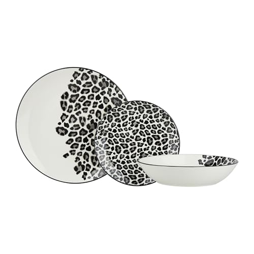 Delys 546151 Service de Table en Porcelaine New Bone de 18 pièces pour 6 Personnes - Assiettes Plates, Creuses, Assiettes à Dessert - Colori Noir, Décor LEOPARD