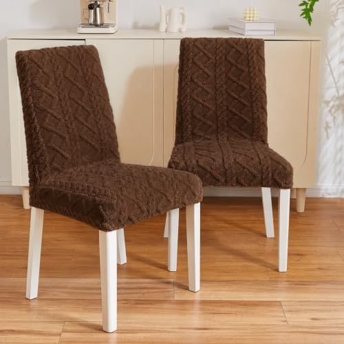 Image of HOMETHREADS Elastic Jacquard Chair Cover - Stretch Fit, Removable & Washable Short Dining Chair Seat Protector - Soft & Wrinkle-Resistant Slipcover for Home, Kitchen, Banquet. (Brown, Pack of 1)