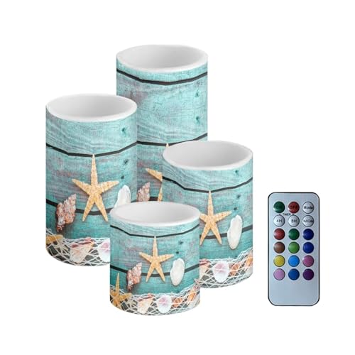 Image of Flameless Light Candles Battery Operated Candles with Color Changing Timer Remote Control Fake Pillar Candle Tealights Home Indoor Beach Coastal Decoration, Starfish Shell Wood Grain