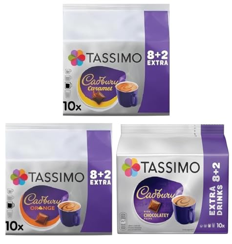 Tassimo Cadbury Hot Chocolate lovers Variety Pack Capsules – Cadbury, Caramel & Orange - 30 T-Discs (3 x 10 Pods)