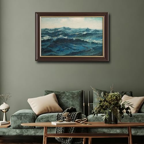 Image of Framed Vintage Ocean Wave Canvas Wall Art, Antique Impressionist Seascape Oil Painting Prints, Teal Blue Coastal Wall Decor for Living Room Bedroom Bathroom Office