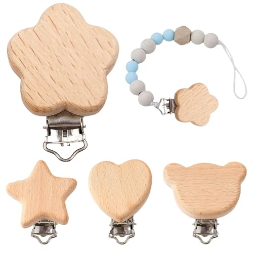4 Stück Schnullerclip Holz Baby Schnullerketten Clips Schnuller Clips Schnullers Schnullerketten Zubehör