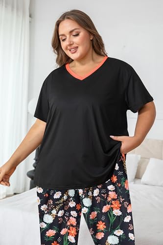 Image of Vozanet Women's Pajama Sets Short Sleeve with Long Pant Soft Sleepwear Printed pj Loungewear With TWO Pockets Size 1X to 5X