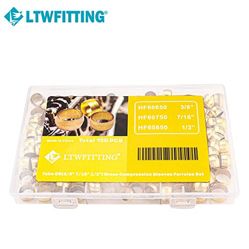 Ltwfitting Assortment Kit 3/8 7/16 1/2 Inch Od Compression Sleeves Ferrules, Brass Compression Fittings(Pack Of 150) #TOP5