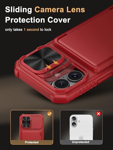 Image of Vihibii for iPhone 16 Wallet Case with Card Holder (4 Cards) [RFID Blocking] & Slide Camera Cover & Raised Edges Protect Screen, Shockproof Rugged Phone Cover for iPhone 16 6.1 inch 2024, Red
