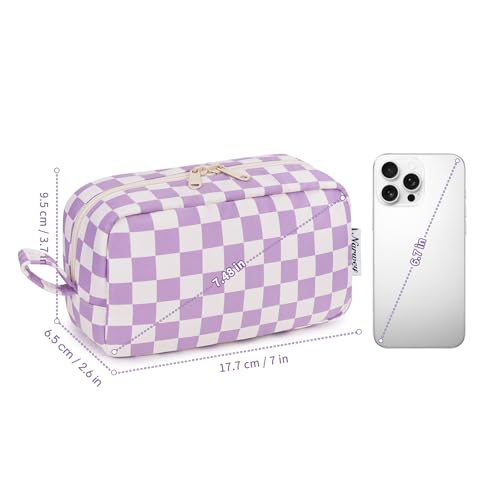 Image of Narwey Small Checkered Makeup Bag for Purse Travel Makeup Pouch Mini Cosmetic Bag Zipper Pouch for Women (Purple Checkerboard, Small)