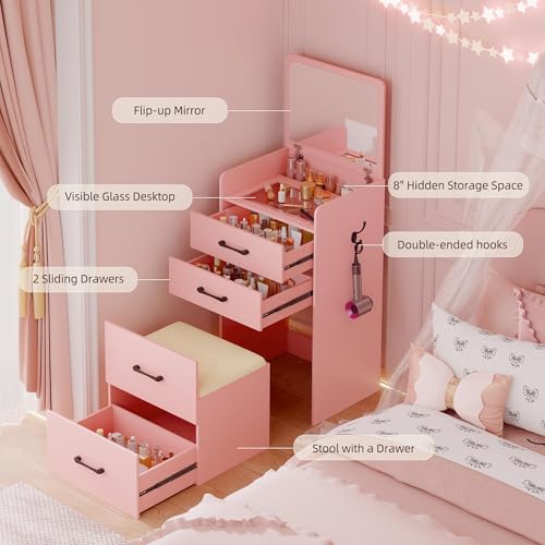 Gurexl 3 in 1 Vanity Desk with Flip Top Mirror for Bedroom,Small Compact Vanity with Visible Glass Desktop for Cloakroom,Makeup Vanity Set with 3 Drawers,Cushioned Stool,Pink