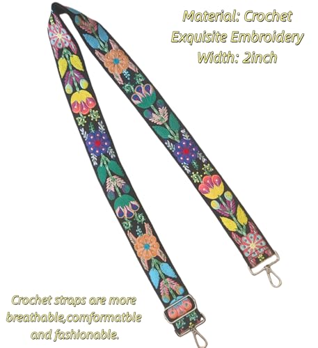 Image of Wide Purse straps Crochet Flower replacement crossbody for Handbag Adjustable Embroidery Knit Guitar Shoulder strap