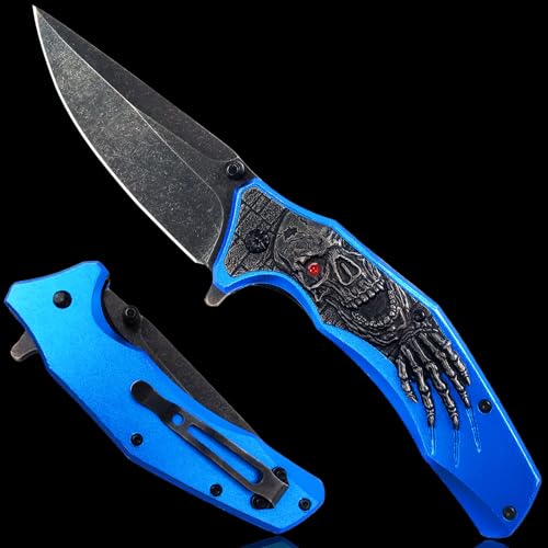 MADSMAUG Klappmesser, cool blau Klappmesser Taschenmesser mit 3D Prägen Reliefgravur, gute Geschenk Edc Messer für Männer Outdoor Überleben...