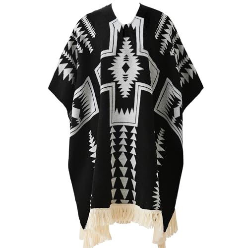 Mexican Sarape Poncho for Men Vintage Aztec Hippie Striped Western Blanket Poncho Sleeveless Sweater Cape Costume (Cross Black Small-Medium)