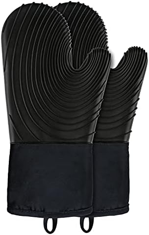 Silicone Oven Mitts, BBQ Gloves, Extra Long Grilling Gloves with Quilted Liner Heat Resistant Oven Gloves, Kitchen Silicone Oven Mitts for Barbecue, Cooking, Baking 450°F