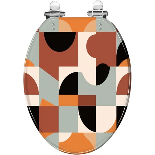 Elongated Toilet Seat Mid century geometric abstract simple shapes beautiful color Resin Toilet Seat with Quietly Close Quick Release Hinges Decorative Toilet Seat with Cover Easy to Clean and Install